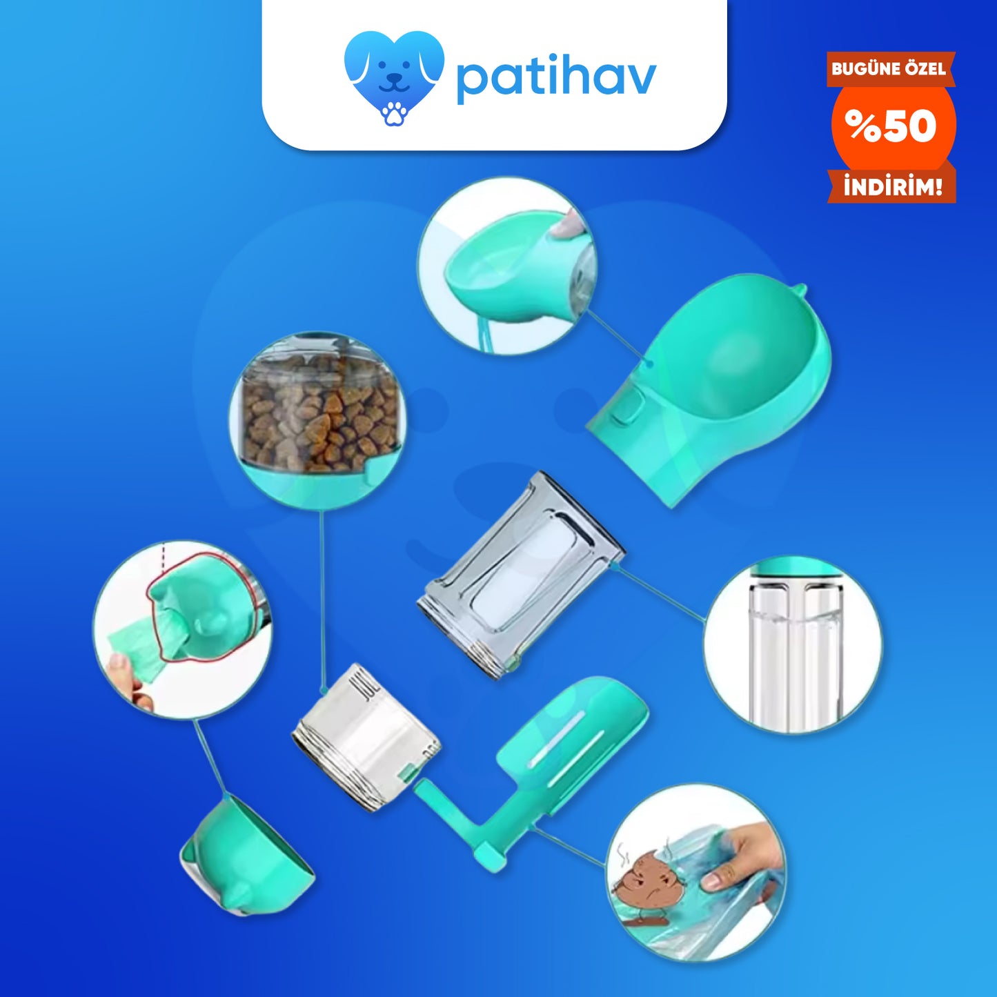 PatiHav™ Pratik Evcil Hayvan Suluğu ve Mama Kabı + Poşet Hazneli