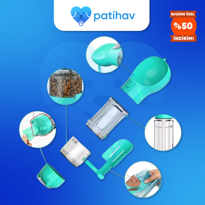 PatiHav™ Pratik Evcil Hayvan Suluğu ve Mama Kabı + Poşet Hazneli