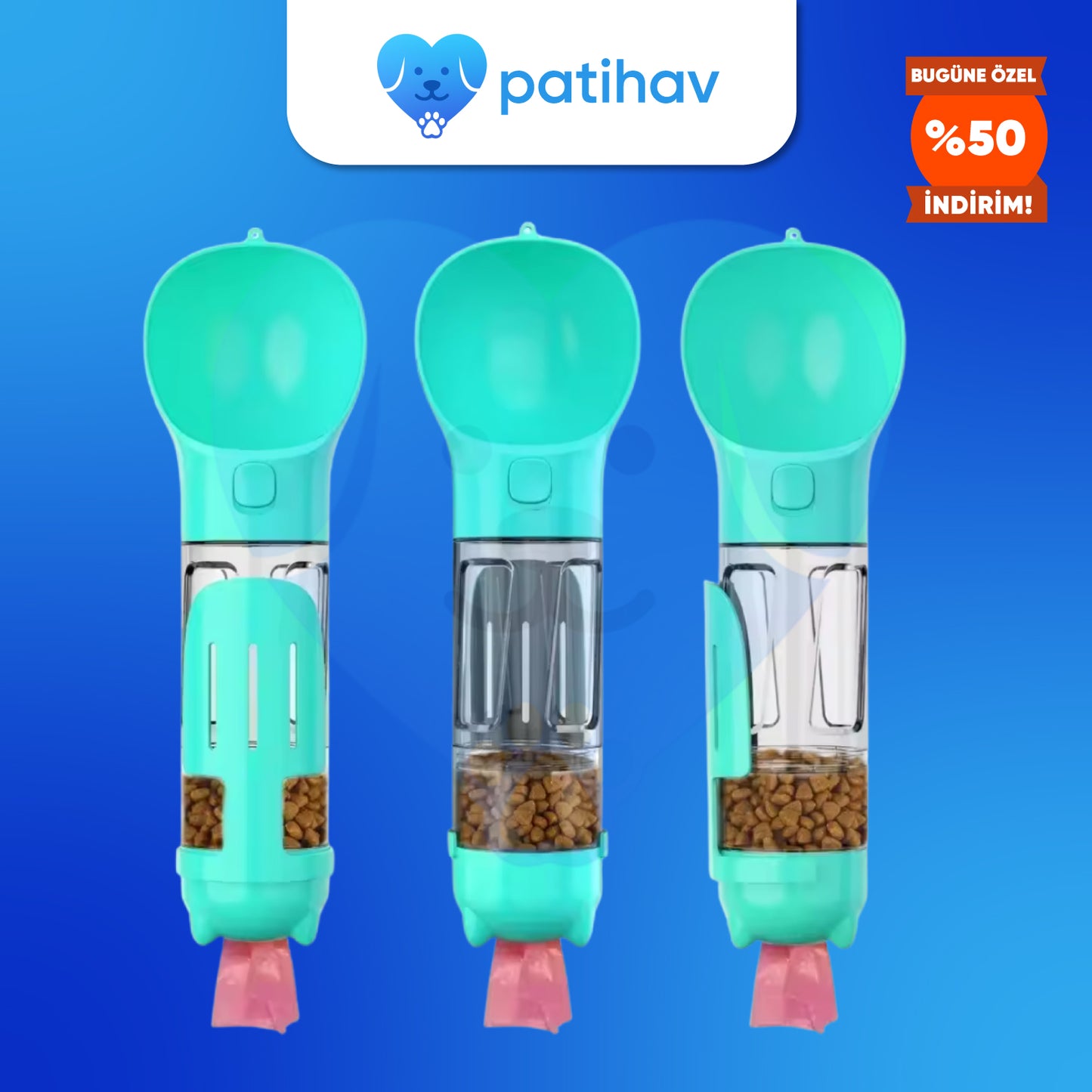 PatiHav™ Pratik Evcil Hayvan Suluğu ve Mama Kabı + Poşet Hazneli